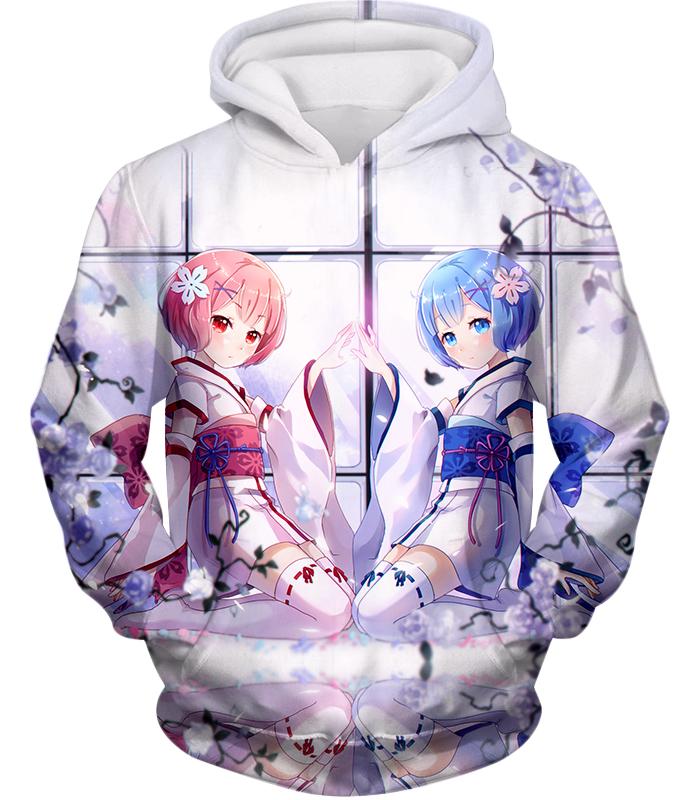 Re:Zero Cute Anime Girl Twins Rem and Ram White Hoodie RE041