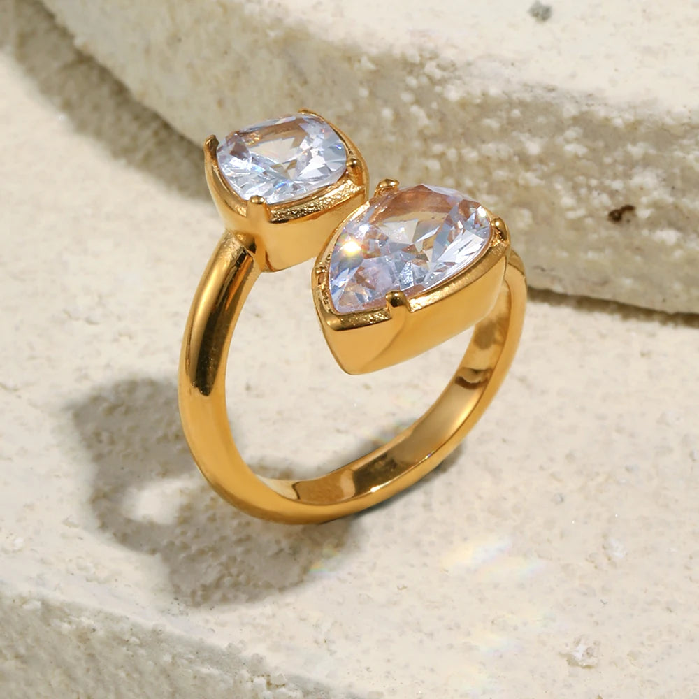 La. Muses Geometric Water Drop Zircon Stainless Steel Women's Open Ring PVD Gold Plated Fashion Jewelry Accessories