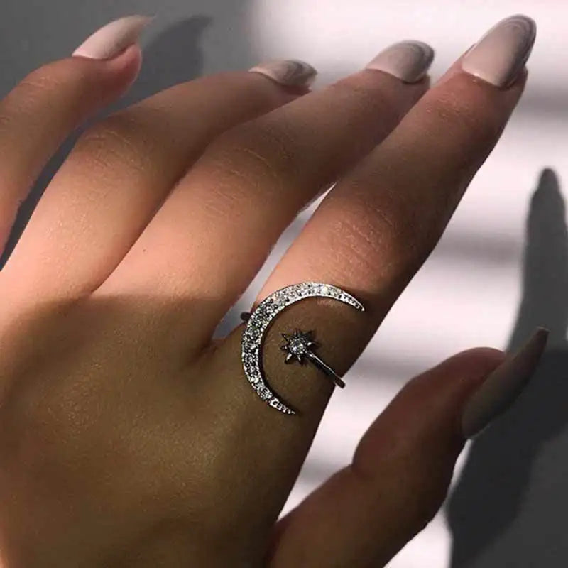 Creative Exaggerated Moon Star Ring Copper Plated Rose Gold Engagement Ring Faionable Jewelry Accory by Cao i